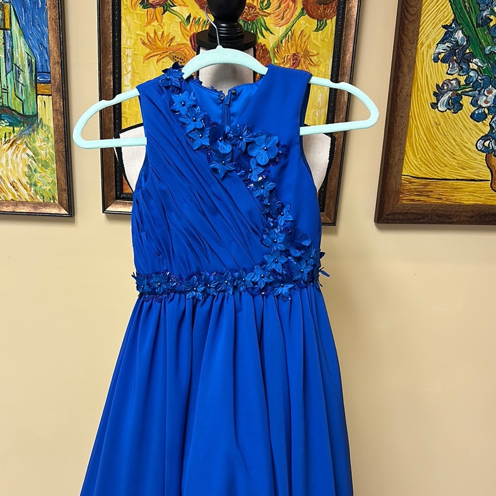 Blue Embellished Pleated A-Line Dress